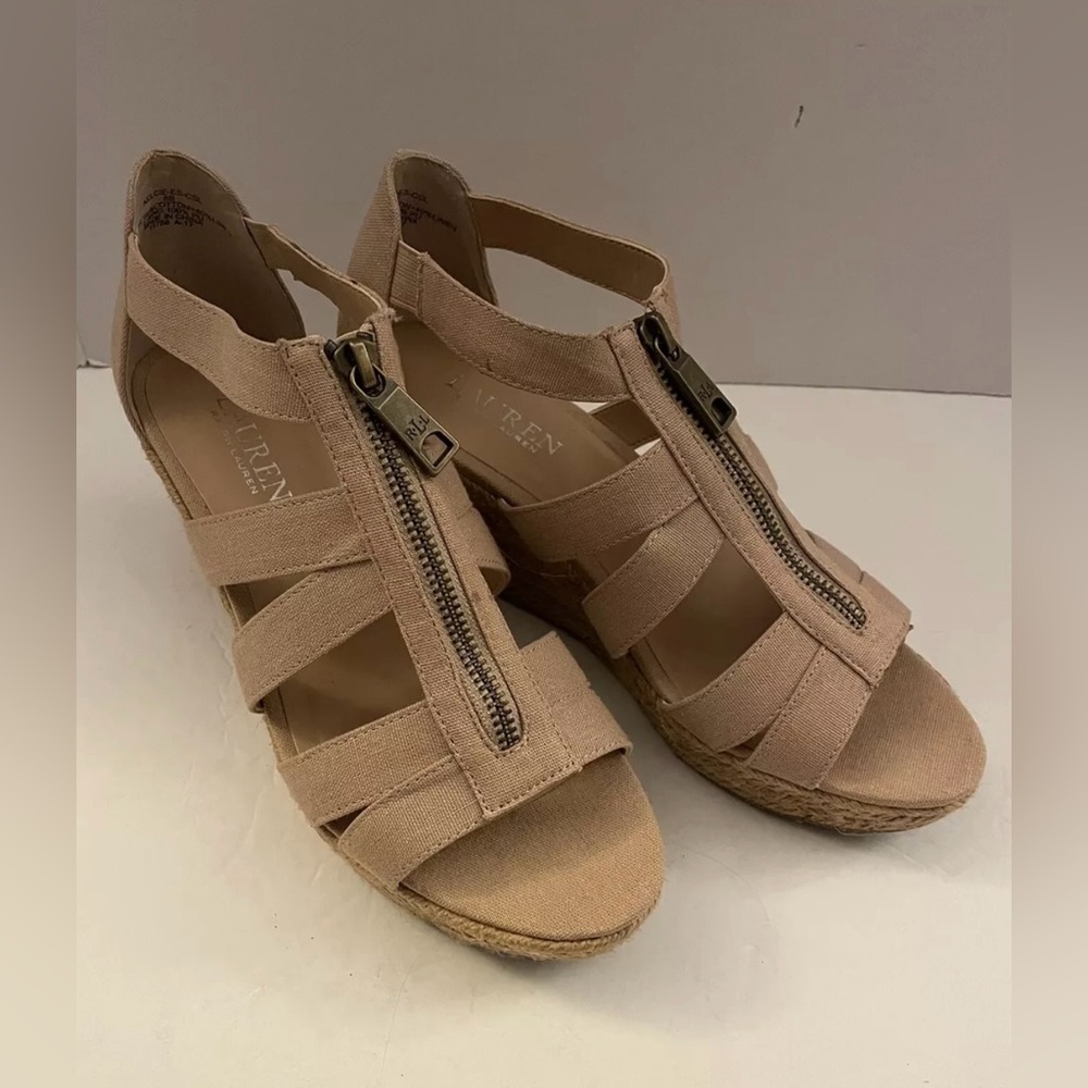 Lauren by Ralph Lauren Sandals Womens 8B Kelcie Espadrille Beige Wedge Heels